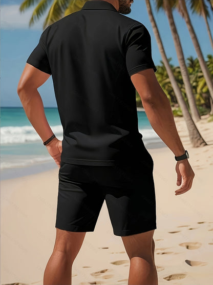 Men’s Summer Casual Golf Shirt and Solid Waist Shorts Set