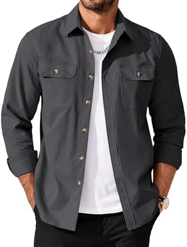 Men's Long Sleeve Button-Up Shirt Jacket with Flap Pockets