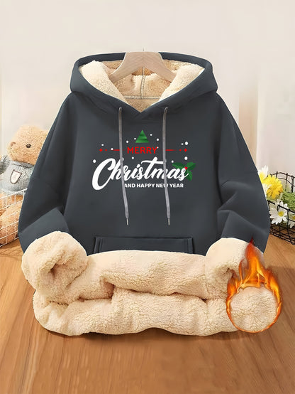 Women'S Plus Size Winter Warm Hooded Sweatshirt with Merry Christmas & Happy New Year Print - Thick Fleece-Lined Oversized Pullover, Cozy Casual Sweater for Christmas, Halloween Gifts, Christmas Sweatshirt, Festive Clothing,