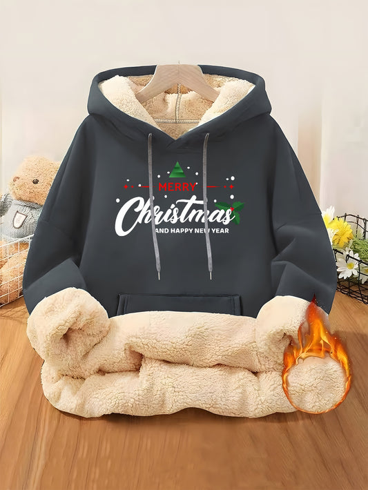 Women'S Plus Size Winter Warm Hooded Sweatshirt with Merry Christmas & Happy New Year Print - Thick Fleece-Lined Oversized Pullover, Cozy Casual Sweater for Christmas, Halloween Gifts, Christmas Sweatshirt, Festive Clothing,