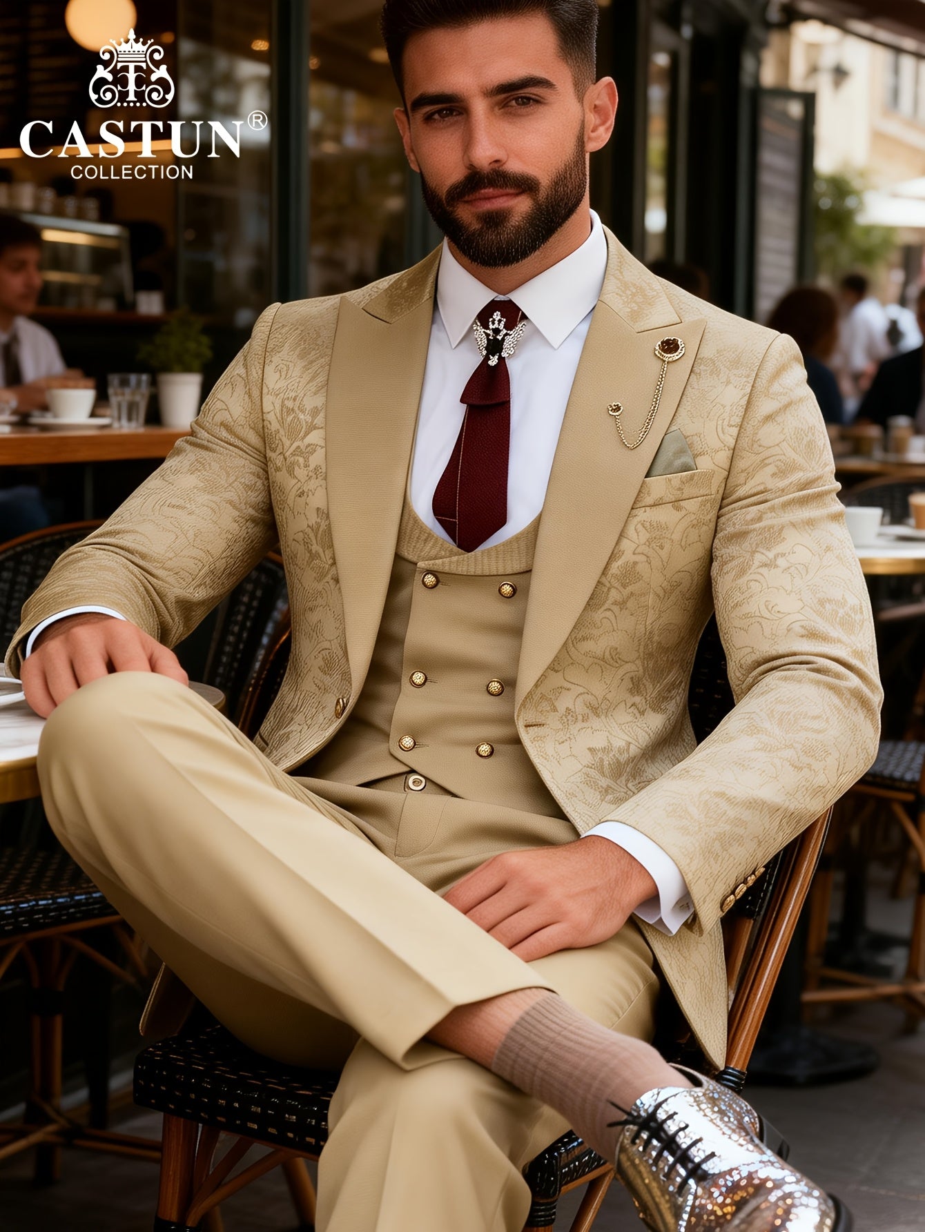 Men's 3-Piece Floral Skinny Fit Suit with Peak Lapels