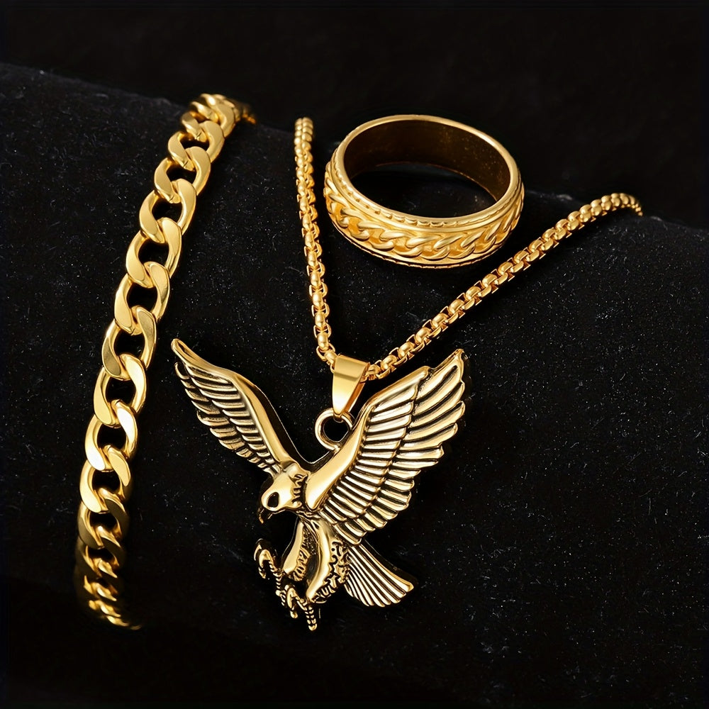 3pcs Eagle Head Pendant Golden Silvery Necklace Set, Cool Thick Chain+Ring 3pcs Set, Men's Light Luxury Gift