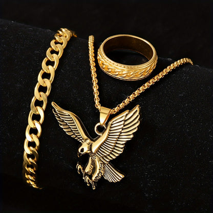 3pcs Eagle Head Pendant Golden Silvery Necklace Set, Cool Thick Chain+Ring 3pcs Set, Men's Light Luxury Gift