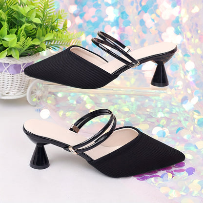Women’s Elegant Black Pointed-Toe Mid Heel Sandals with Adjustable Str
