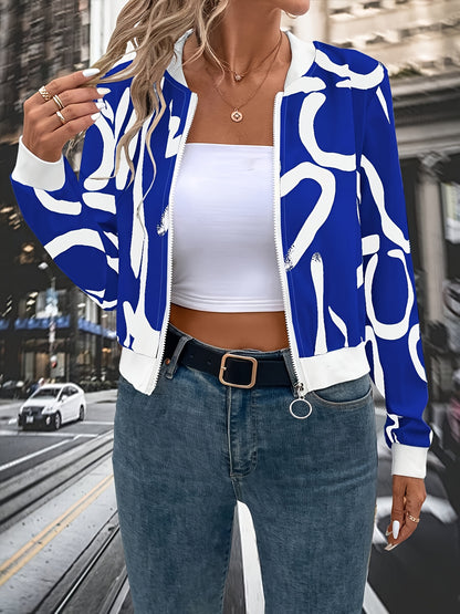 Women'S Stylish Black & White Abstract Print Zip-Up Cardigan Jacket - Casual Long Sleeve Pullover with Belted Waist, All-Season Wear, Casual Attire Jacket|Modern Casual Jacket|Zippered Jacket