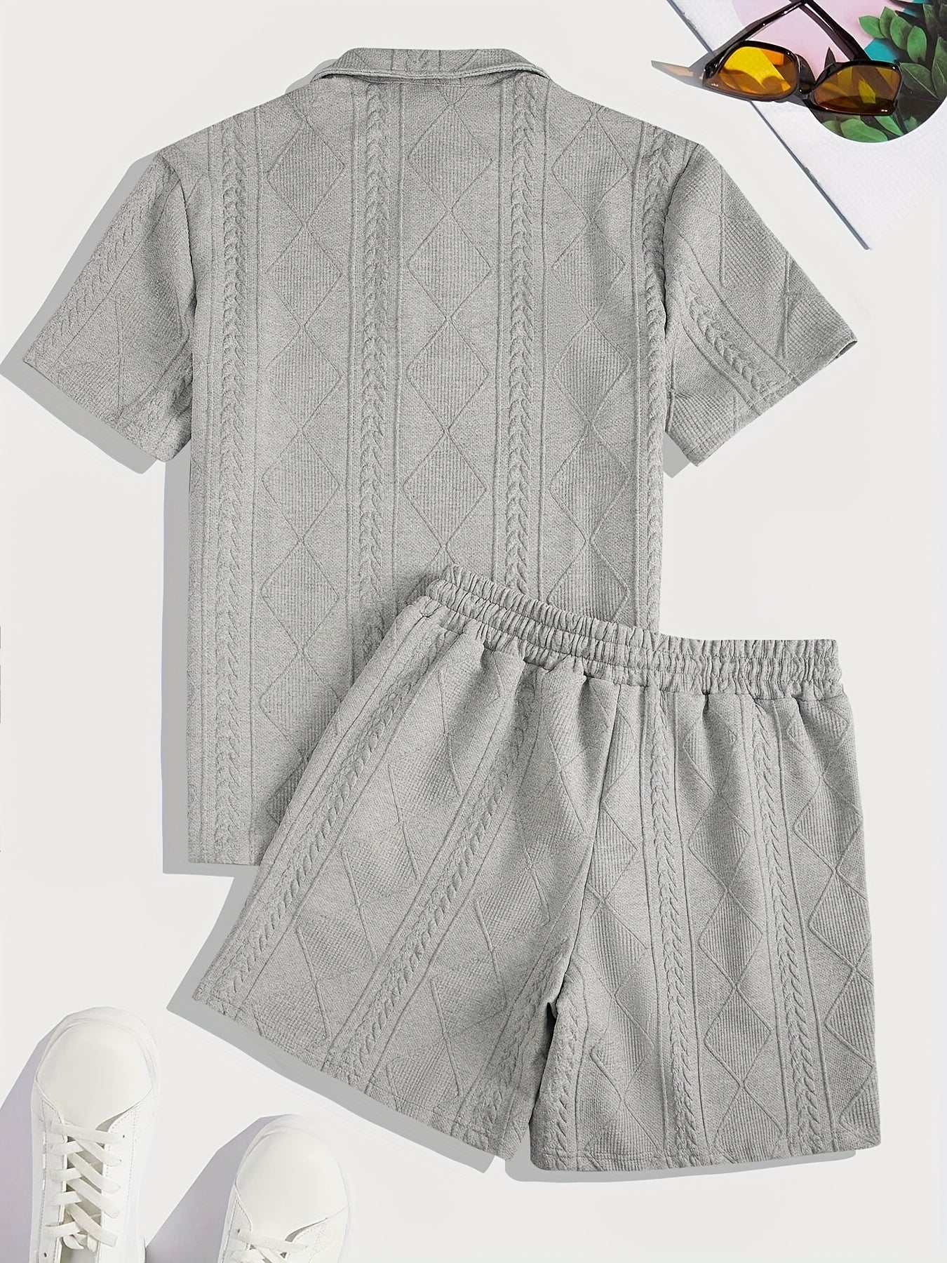 Men's Suit Short Sleeve Shorts Jacquard Casual Zipper Fashion Summer Outerwear Two Piece Set