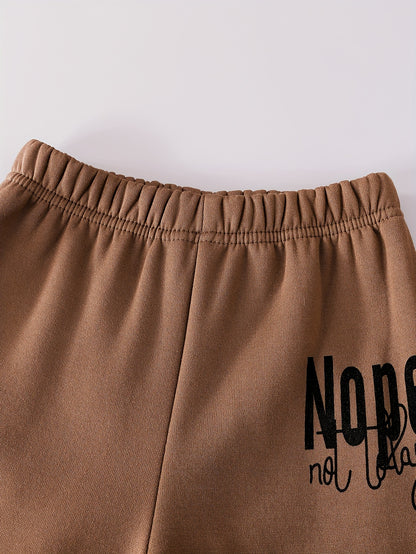 Boys' Fashion Set, Autumn/Winter Coffee Brown Hooded Lined Warm Jacket & Elastic Waist Velvet Pants with "ONPE‘" Letter Pattern - Casual Comfortable Thermal Sportswear Gift, Perfect for