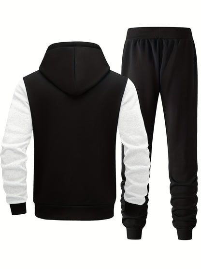 Men's Hooded Letter Print Tracksuit, 2pcs Casual Sports Set, Fashion Hoodie With Full-zip And Elastic-waist Pants, Regular Fit, Outdoor Cloth
