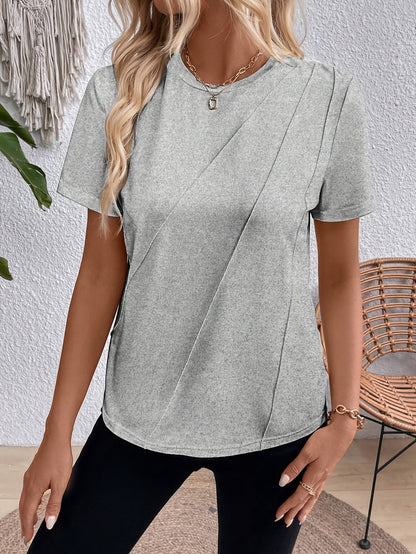 Women's Elegant Light Grey Short Sleeve Round Neck T-Shirt - Soft Medium-Stretch Fabric, Machine Washable, Versatile All-Season Casual Top, Casual Attire, Sophisticated Style, Comfortable Fit