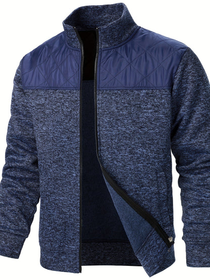 Men's Casual Quilted Polyester Jacket with Stand Collar