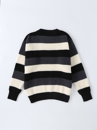 JNBLDA Chic Striped Knitted Sweater, Men's Casual Warm Stretch Round Neck Pullover Sweater for Fall Winter