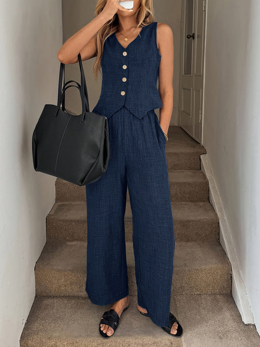 Women's Elegant Sleeveless Vest and Long Pants 2-Piece Set