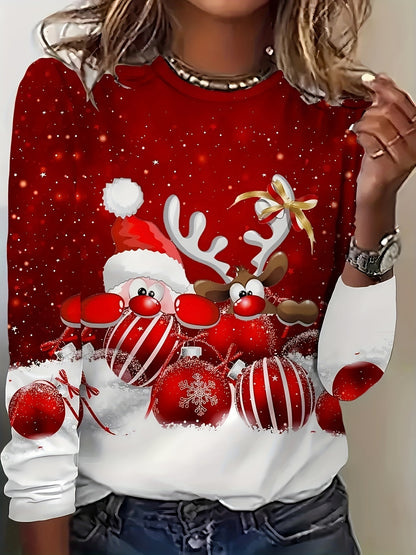 Women's Christmas Long Sleeve T-Shirt - Red & White Santa Reindeer Candy Cane Snowflake Print Sweater-like Top, Round Neck Casual Holiday Party Outfit, Machine Washable Winter Blouse (All-Season Wear), Christmas Clothes Women