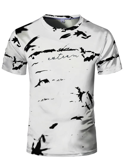 Men's High-Elasticity Anti-Tear Graffiti T-Shirt - Black  White Geometric Print, Tight-Fit Athletic Top for Gym, Running, Yoga  Casual Summer Wear, Gym Clothes, Highelastic Polyester, Short Sleeve Design