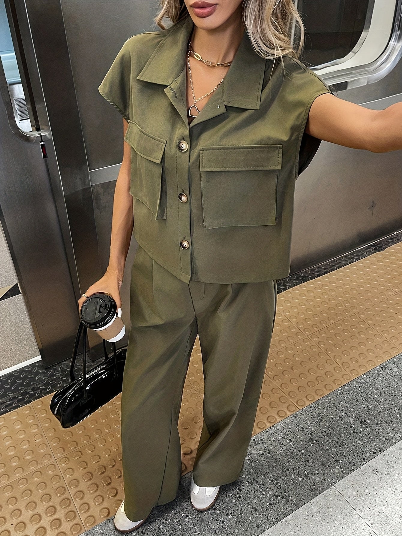 Women's Casual Solid Color Shirt and Pants 2pcs Set, Spring Summer 2pcs Set: Solid Color Button-Up Short Sleeve Top and Pocket Pants, Women's Casual Elegant Spring Summer 2pcs Outfit, Women's Outing and Date Wear, Spring Summ