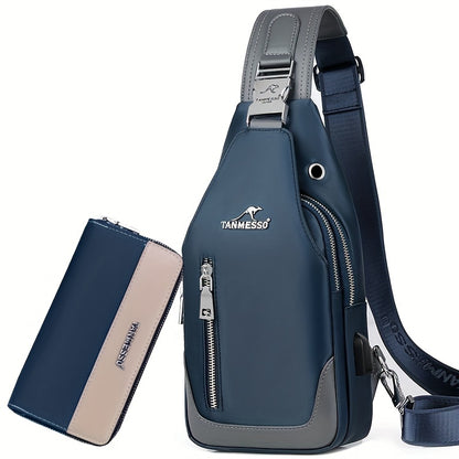 TMOOS Anti-Theft Crossbody Bag for Men - Secure Zipper Closure, Adjustable Strap, Compact Chest Pack - USB Charging Port, Front Zipper Pocket - Anti-Theft Backpack for Travel, Commute, Everyday Use - Navy Blue