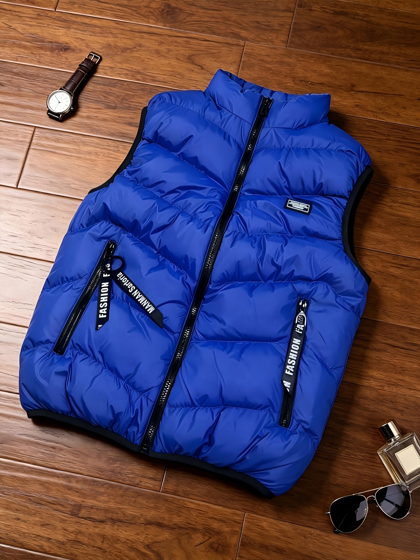 Men's Thickened Polyester Warm Vest with Full-Zip and Stand Collar