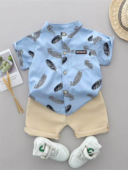 Infant Toddler Summer Feather Print Shirt and Shorts Set