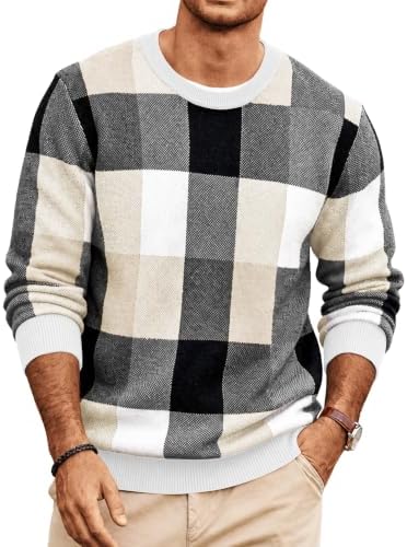 Men's Plaid Crew Neck Knit Sweater Long Sleeve Pullover