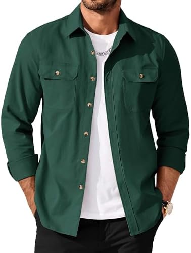 Men's Long Sleeve Button-Up Shirt Jacket with Flap Pockets