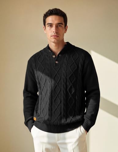 Men's Cable Knit Henley Sweater with Ribbed Stand Collar