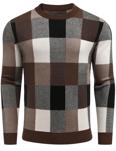 Men's Plaid Crew Neck Knit Sweater Long Sleeve Pullover