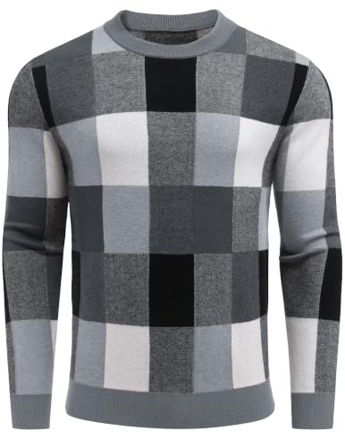 Men's Plaid Crew Neck Knit Sweater Long Sleeve Pullover