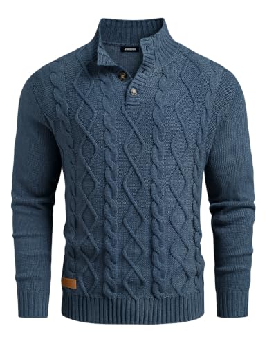 Men's Cable Knit Henley Sweater with Ribbed Stand Collar