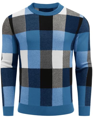 Men's Plaid Crew Neck Knit Sweater Long Sleeve Pullover