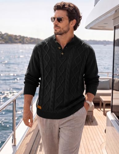 Men's Cable Knit Henley Sweater with Ribbed Stand Collar