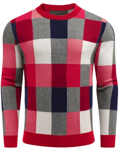 Men's Plaid Crew Neck Knit Sweater Long Sleeve Pullover