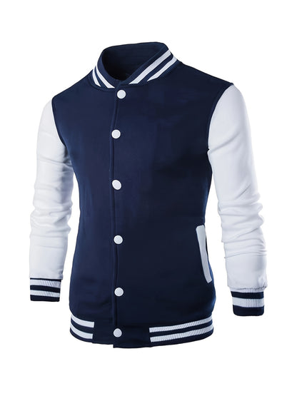 Men'S Casual Baseball Jacket - Stylish Black with White Stripes, Button-Up, Long Sleeve, Perfect for Spring & Fall, Casual Attire, Casual Wear|Baseball Jacket| Constructio