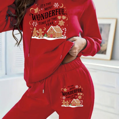 Women'S Cozy Fleece Hoodie & Sweatpants Set - "It'S the Most Wonderful Time of the Year" with Gingerbread House & Christmas Tree Design, Warm Long Sleeve Pullover with Drawstring Waist, Perfect for Fall/Winter, Christmas Paja