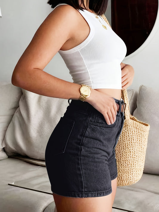 Women’s High-Waist Washed Denim Shorts with Stretch Fit