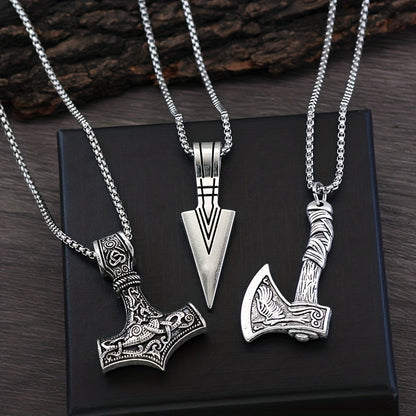3 Pieces Of Men's Viking Necklace - Viking Hammer Nordic Compass Celtic Knot Wolf Axe Pendant Nordic Amulet Pendant Necklace Holiday Jewelry Gift