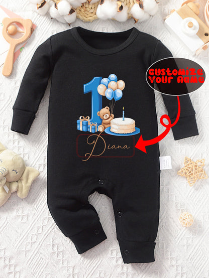 Cotton Long-Sleeve Baby Bodysuit with Geometric Print, Unisex