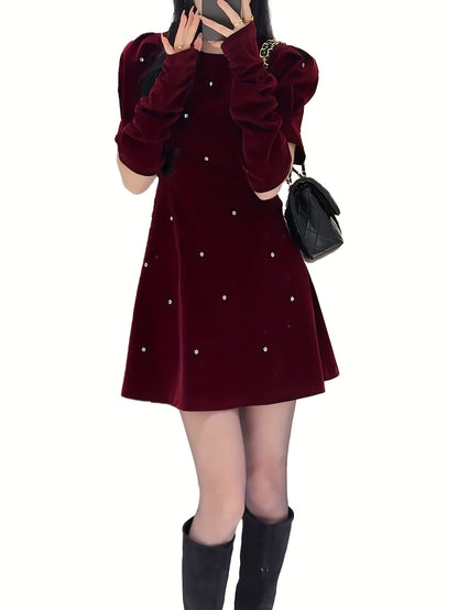 Women'S Elegant French Dress - Chic Office to Party Outfit, Back Zipper Closure, Flattering Fit for Fall/Winter, Everyday & Formal Events - Women'S Dresses for Women, Winter Fashion, Rhinestone Embellishment, Comfortable Fabr