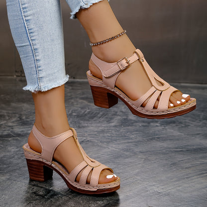 Women'S Fashion Open-Toe Strappy Sandals with Adjustable Ankle Strap, Mid-Heel, Solid Color, Faux Cover Upper  TPU Sole - Elegant Footwear for Casual Wear, Strappy Sandals