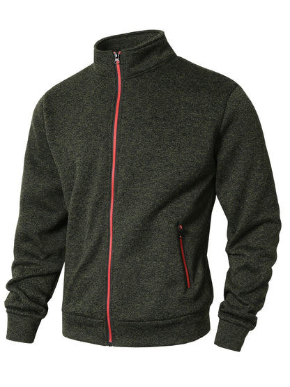 Men's Sporty Full-Zip Stand Collar Sweatshirt - Long Sleeve Casual Pullover with Neon Green Accents, Solid Color Non-Stretch Fabric, Regular Fit for Fall Winter
