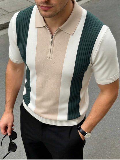 Men's Striped Knit Polo Shirt with Half-Zip for Summer Workwear