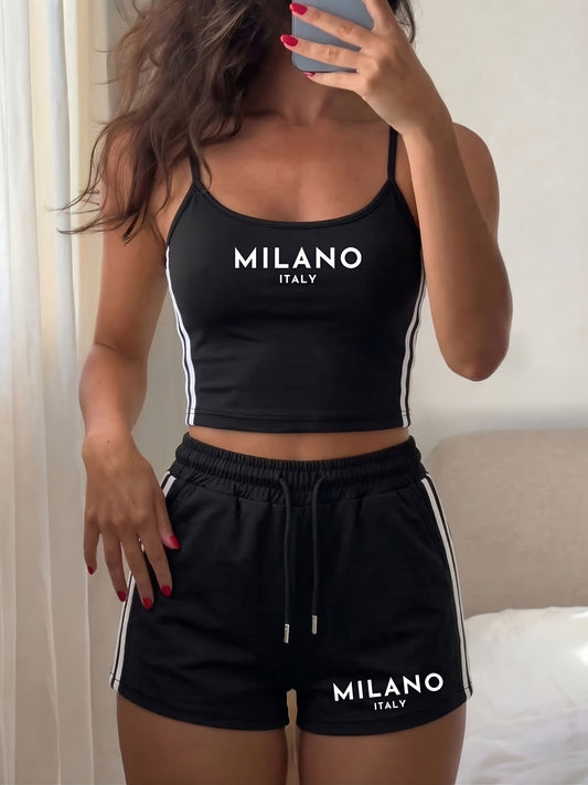 Women's Casual Letter Print Camisole & Shorts Set for Spring/Summer