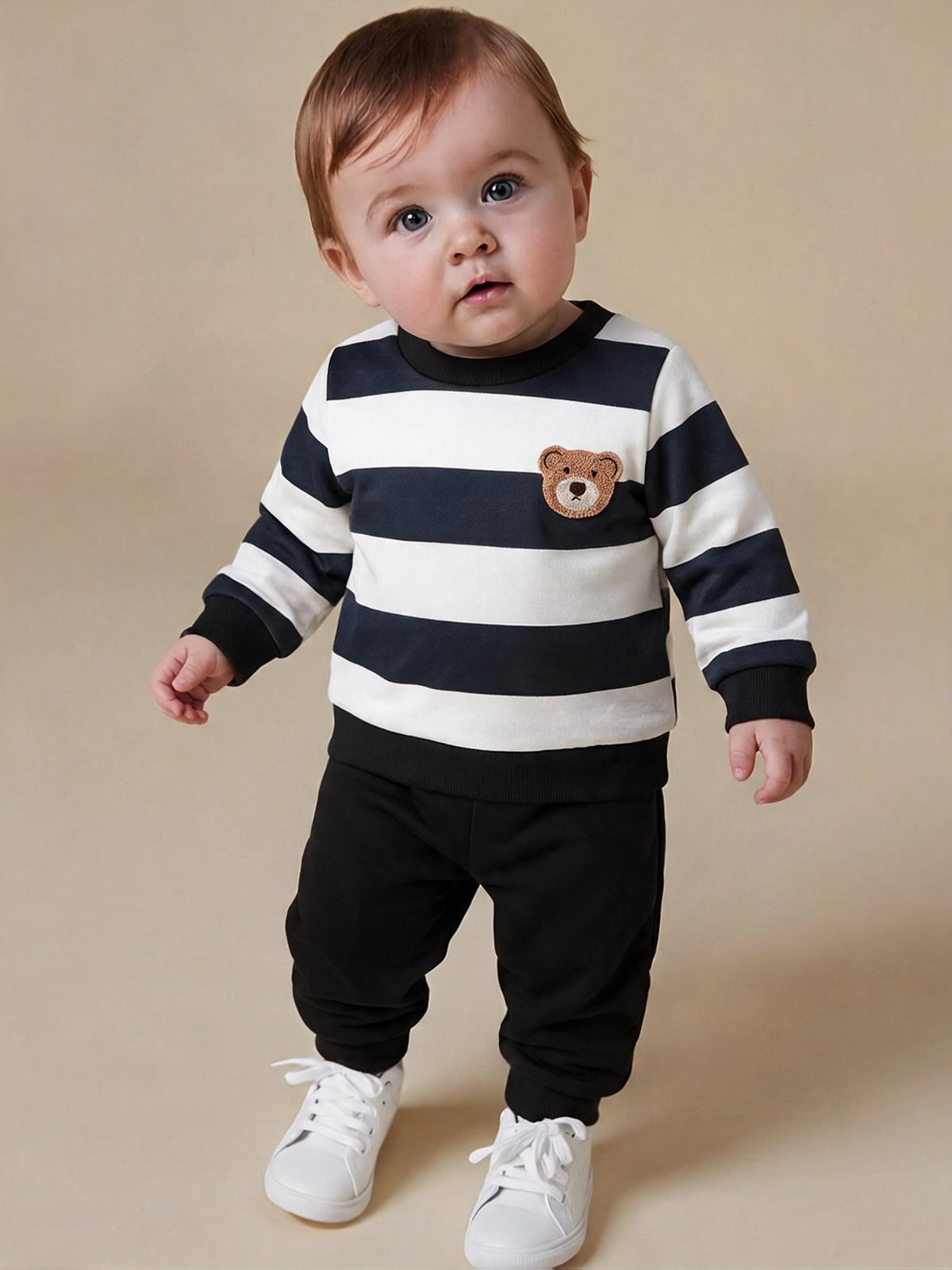 Baby Boy Fall Winter Striped Velvet Sweatshirt and Pants Set - ayq
