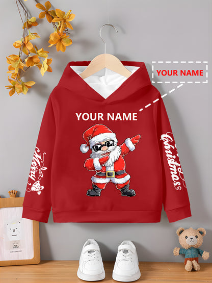 Customizable Christmas Hoodie for Boys - Personalized Name/Text, Santa Claus Graphic, Red & Holiday Sweatshirt, Long Sleeve Pullover for Birthday Party, New Year'S Eve - Machine Washable Kids Gift, Christmas Clothes, Festive