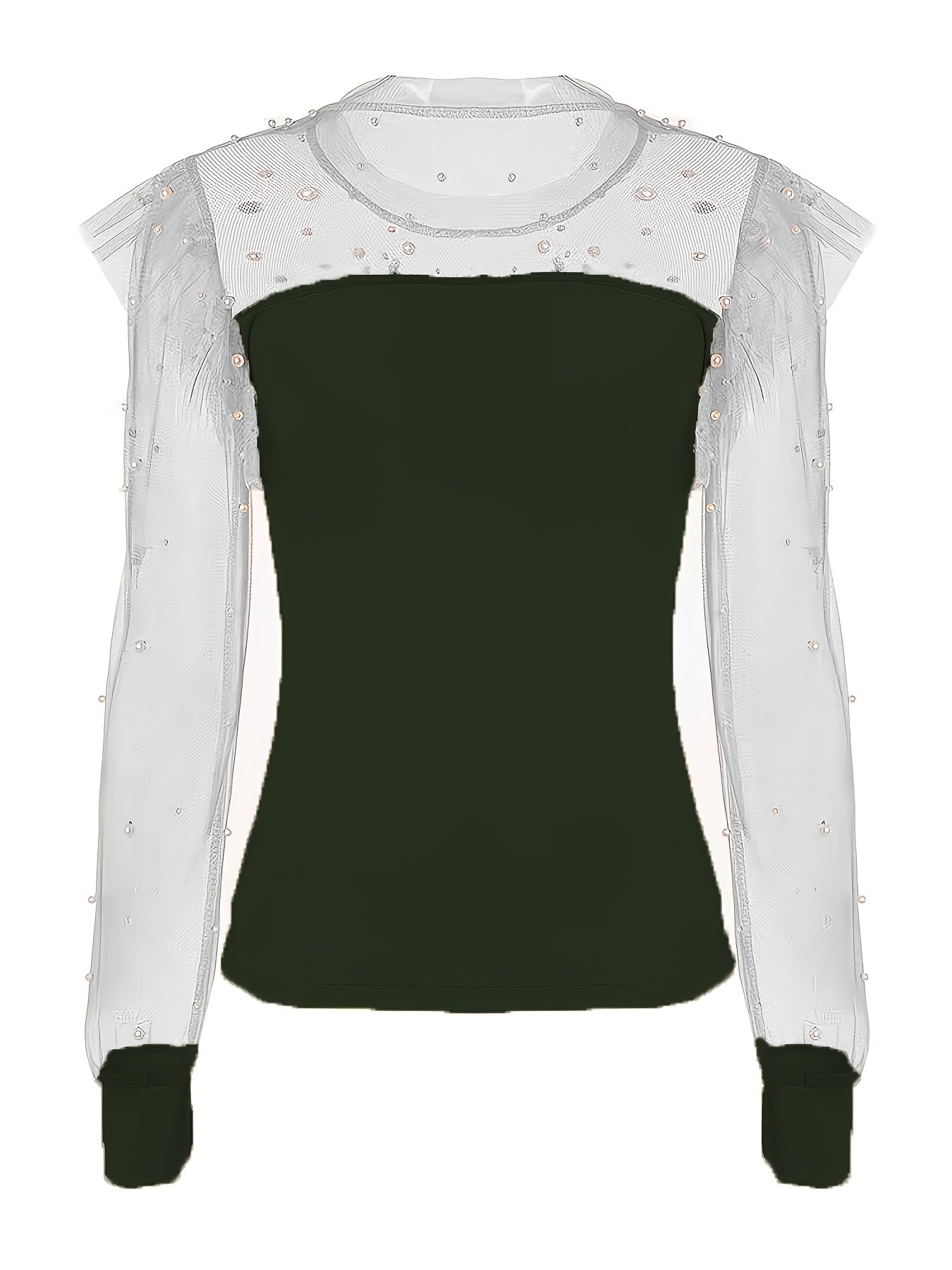 Women's Elegant Pearl-Embellished Long Sleeve T-Shirt with Mesh Panel Detailing - Semi-Sheer Round Neck Top, Medium Stretch & Machine Washable for Spring Summer Fall Casual Wear, Seasonal Fashion, Chic Fabric Mix
