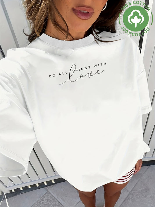 Women's Casual Loose Cotton T-Shirt with Love Lettering Print - ayq