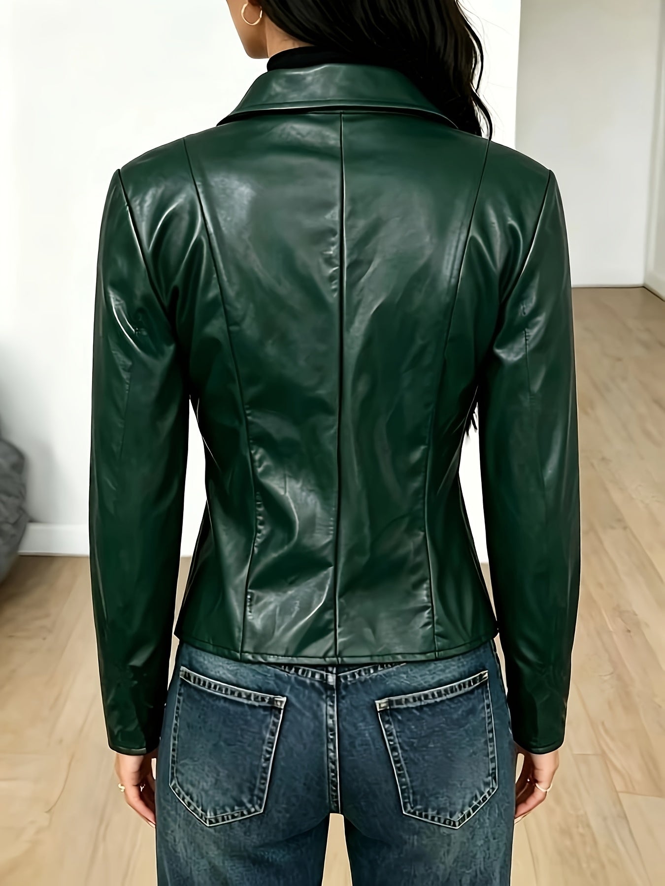 Women's Elegant PU Jacket with Lapel Collar, Versatile Casual Coat