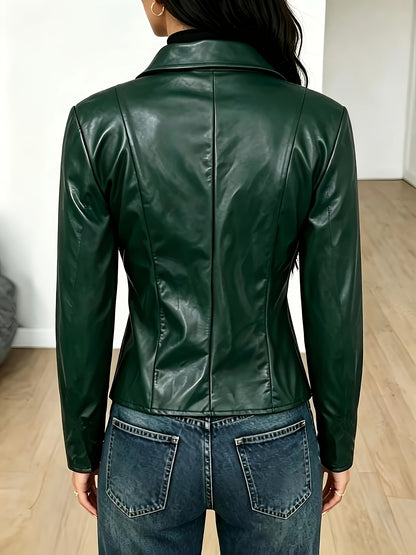 Women's Elegant PU Jacket with Lapel Collar, Versatile Casual Coat