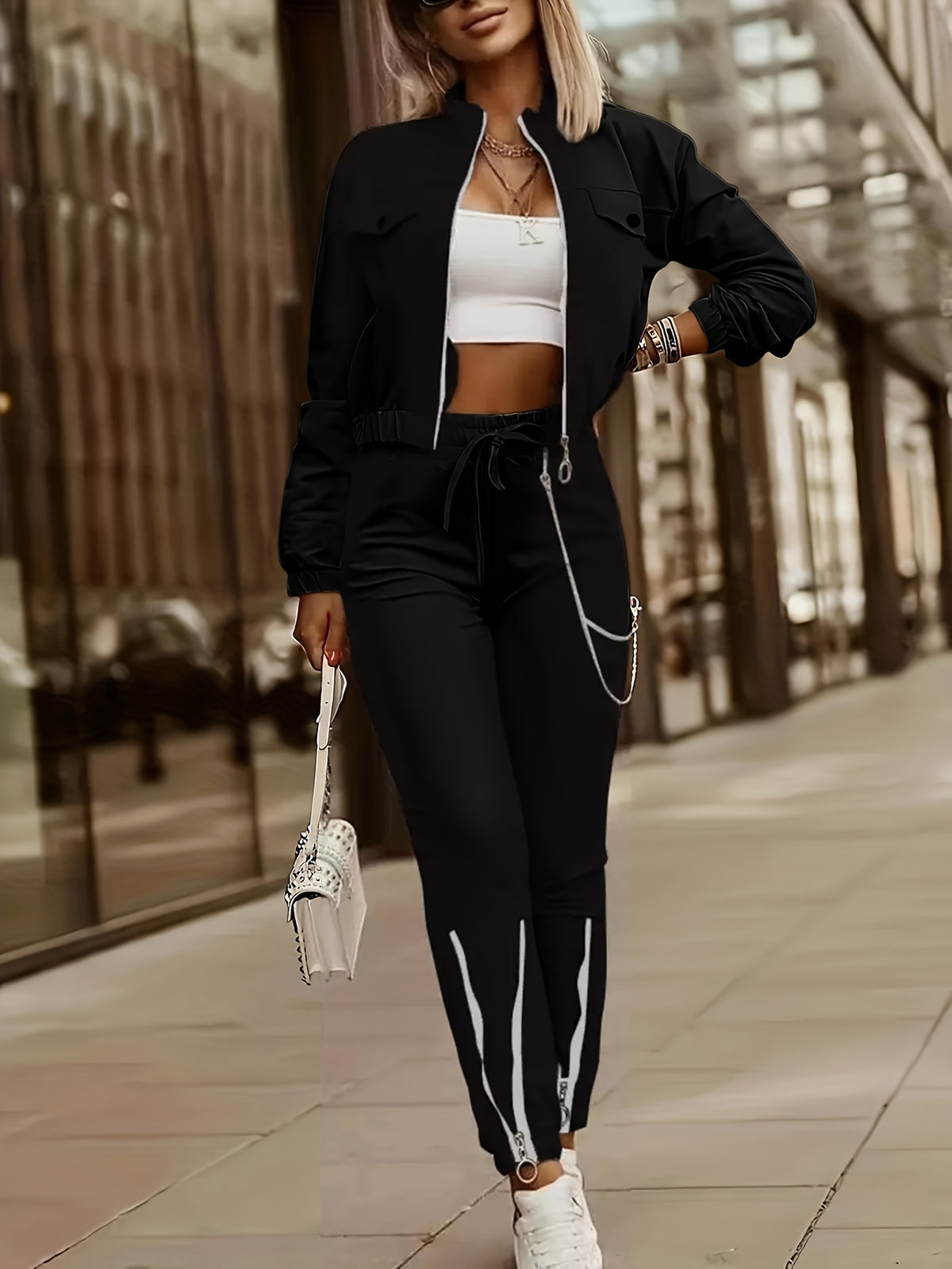 Women's Two-Piece Casual Set with Zipper Patchwork Detail - ayq
