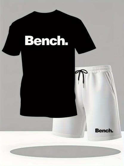 Summer Men'S Casual Sports Short Sleeve T-Shirt and Shorts Set, Knitted Polyester Fabric, Comfortable Breathable, Bench. Letter Print Design - 2pcs