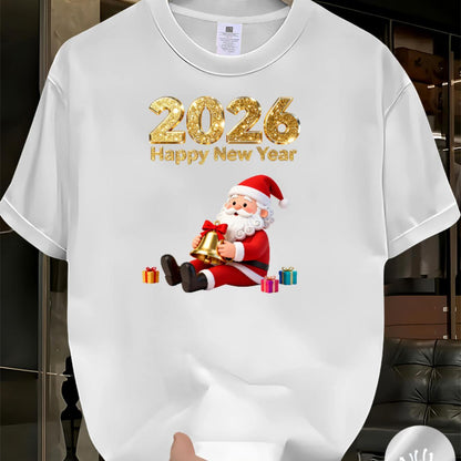 Men'S 2026 Happy New Year Santa Claus Graphic T-Shirt - Breathable Summer Casual Tee with Golden & Red Print, Regular Fit Round Neck Short Sleeve, Festive Clothing, Comfortable Fit, Holiday Shoppers